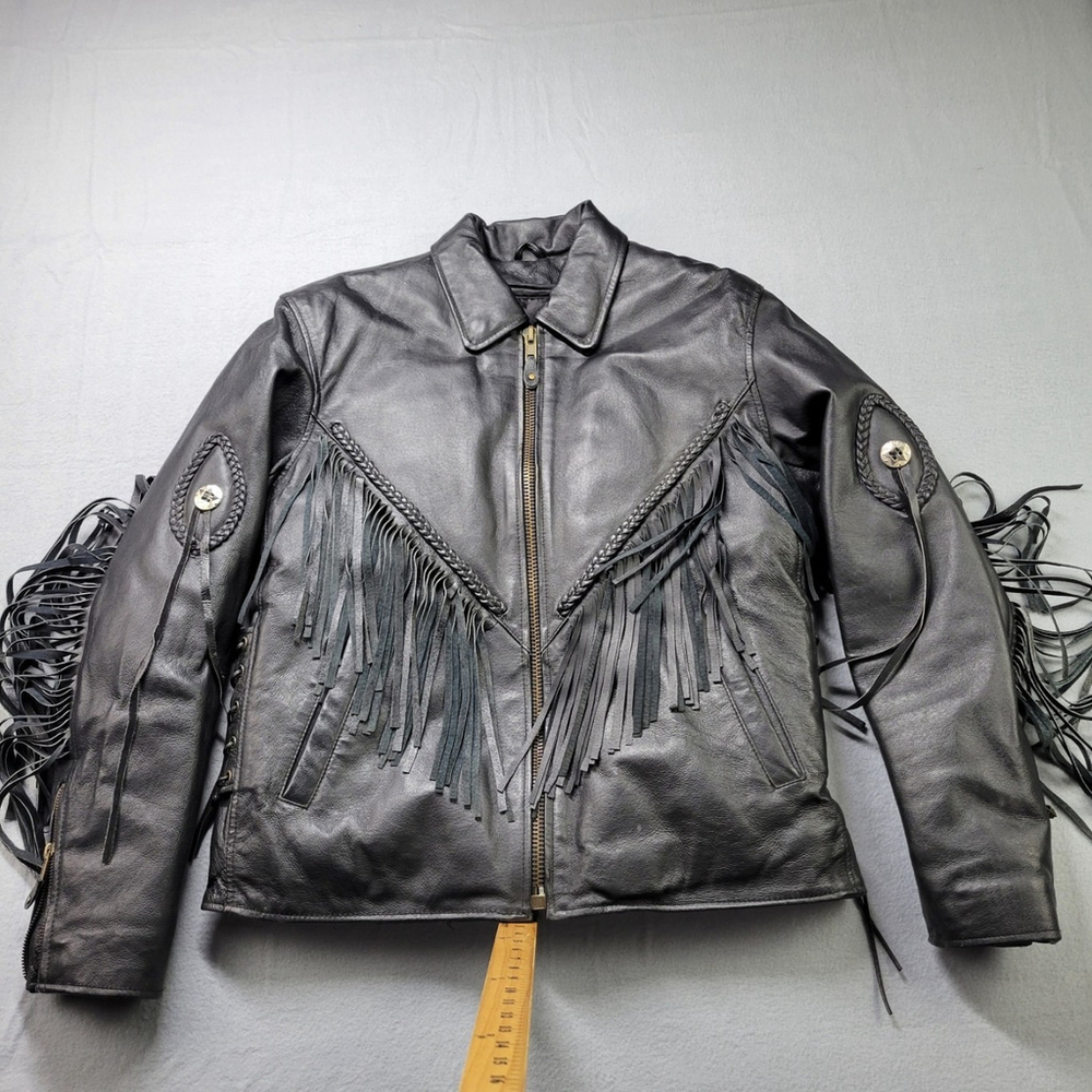 Diamond Plate Women's Large Black Leather Motorcycle Jacket Fringe Biker Vintage